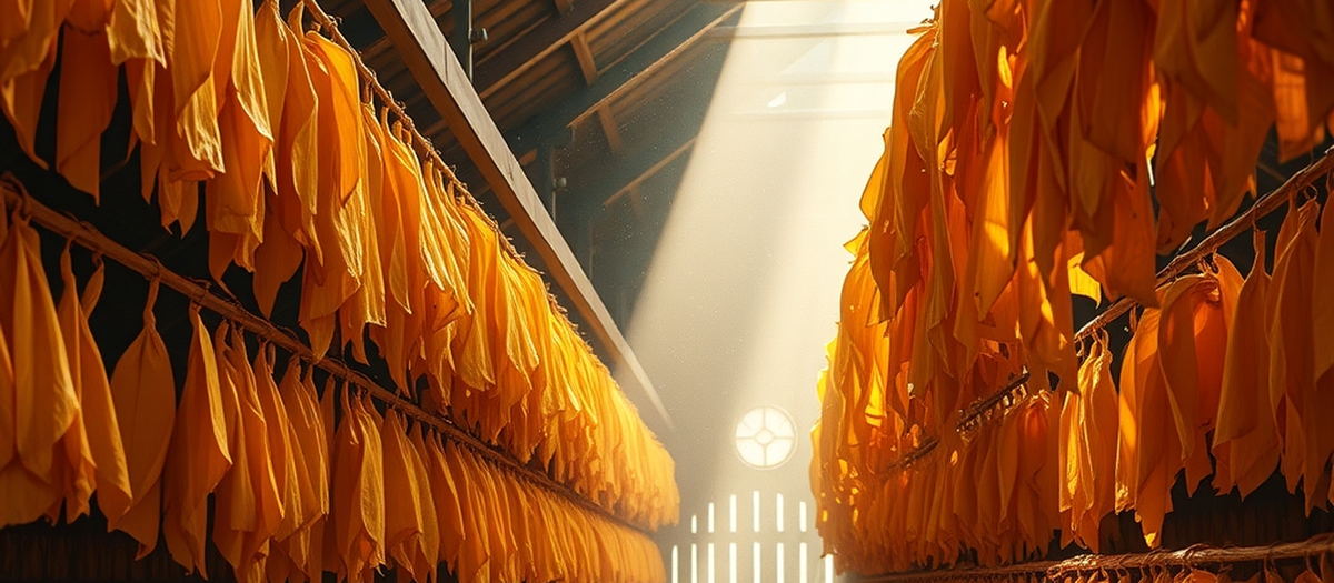Bright orange flue-cured Virginia leaves hanging on sticks inside a curing barn, lit by shafts of sunlight