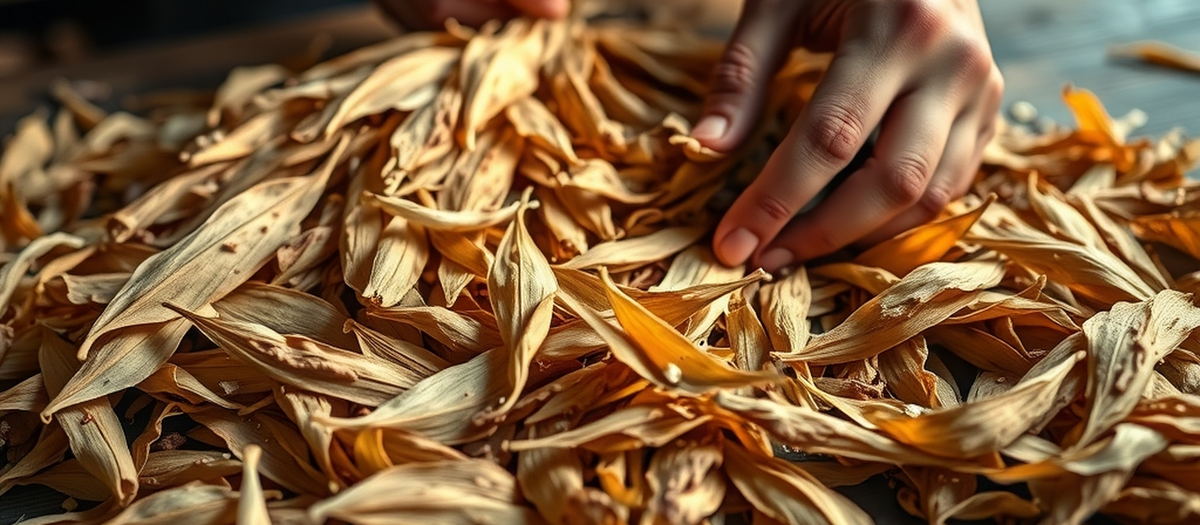 Hands sorting cured flue-cured Virginia leaf on the grading floor