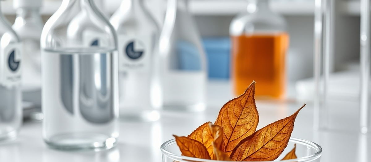 A flue-cured Virginia tobacco leaf sample on a laboratory bench with glassware