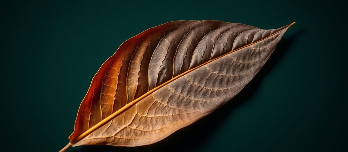 A single cured flue-cured Virginia tobacco leaf lit from the side against a dark green background