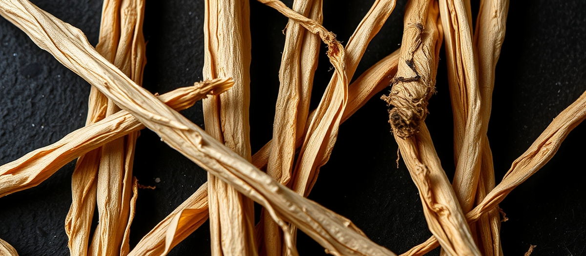 Dried flue-cured Virginia tobacco midribs and stems on a dark surface
