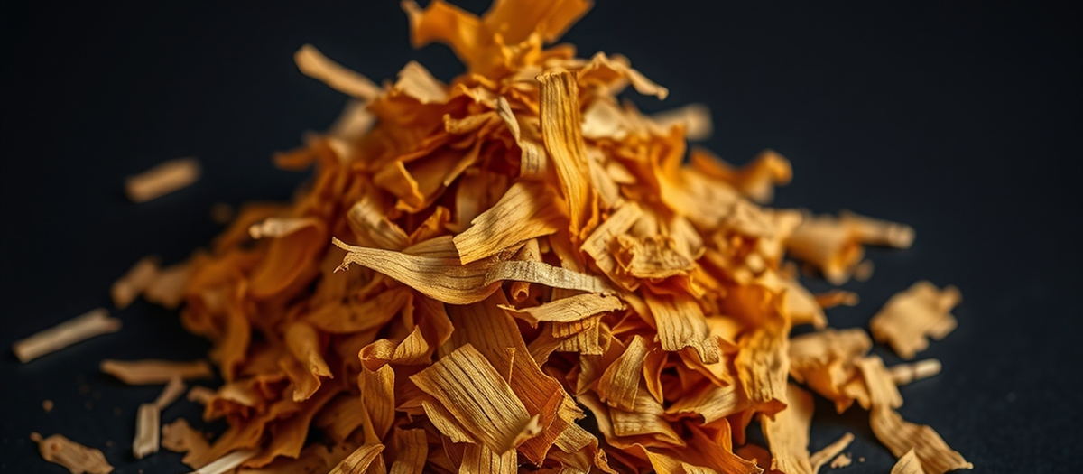 Small flue-cured Virginia tobacco lamina fragments and fines on a dark surface