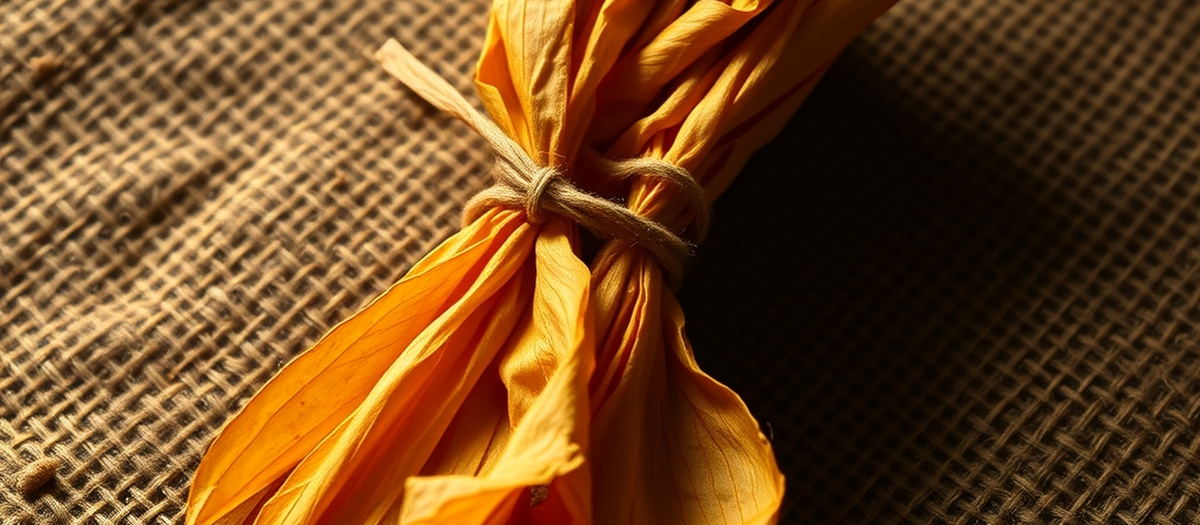 A hand of cured whole FCV tobacco leaves tied at the stems on burlap